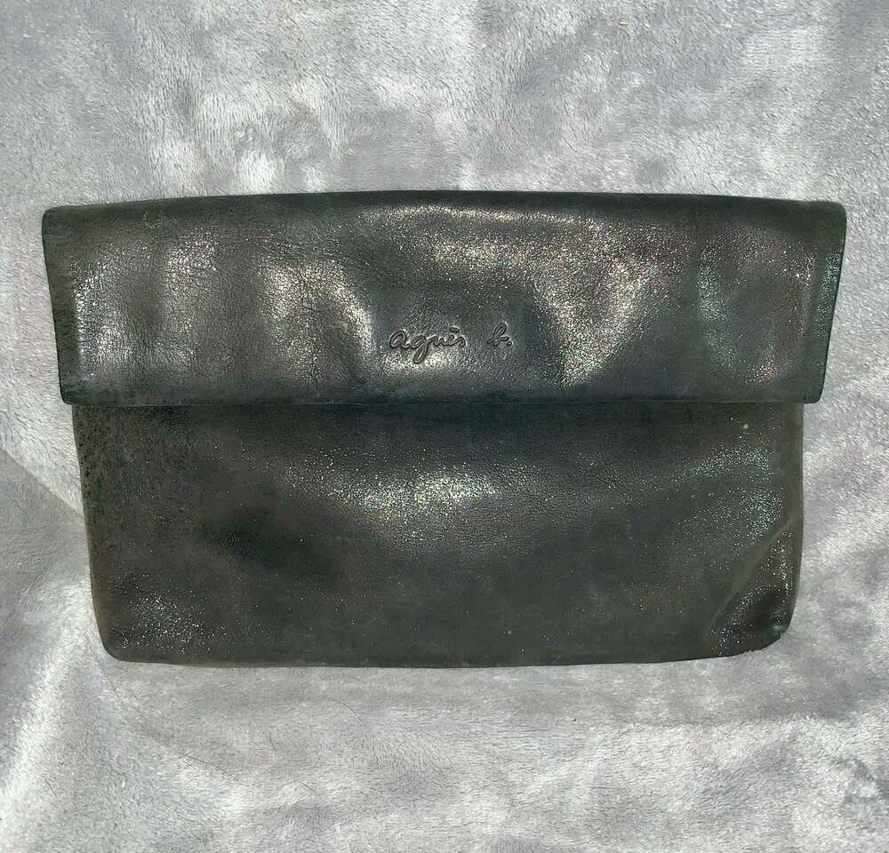agnès b. Black Metallic Shimmer Leather Foldover Clutch Bag
